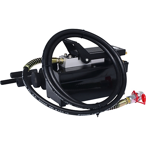 Schwarze, fußbetriebene Hydraulikpumpe mit Schlauch und roter Kappe.